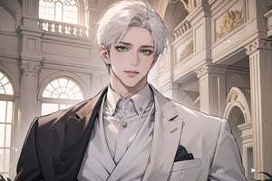 Ydor, 1boy, ((solo focus)), ((white short hair)), (Left side-parting bangs), seductive smile, green eyes, handsome, mature, angular jaw, thick neck, ((White groom suit:1.3)), long sleeve, by Raphael, masterpiece, upper body shot, magnificent indoor hall