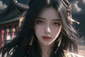 (cowboy shot), dynamic action style, (1woman), (female:1.2), mature face, (mature girl:1.2), smirk, (Chinese hanfu with black and gold accents), finely detailed eyes and face, slim figure, (long black straight hair:1.2), (purple eyes:1.1), (focus on character:1.1), ((solo)), detailed face, detailed eyes, Chinese epic style, clear subject, ultra realistic, ultra detailed, OC rendering, blender, high detail, ultra high quality, dark and ominous atmosphere, dark clouds swirling, subtle mist