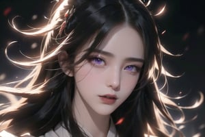 (cowboy shot), dynamic action style, (1woman), (female:1.2), mature face, (mature girl:1.2), evil, (Chinese hanfu with black accents), finely detailed eyes and face, slim figure, (long black straight hair:1.2), (purple eyes:1.1), (focus on character:1.1), ((solo)), detailed face, detailed eyes, Chinese epic style, clear subject, ultra realistic, ultra detailed, OC rendering, blender, high detail, ultra high quality, dark and ominous atmosphere, dark clouds swirling, subtle mist