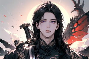 (Absurdres, Intricate Details, Masterpiece, Best Quality, High Resolution, 8k), (1man), (male:1.2), mature face, (mature boy:1.2), serious, finely detailed eyes and face, lean body, (black long straight hair:1.2), (purple eyes), (Chinese costume), (focus on character:1.1), solo, full body shot, laying on a lavishly adorned dragon bed, intricate Chinese motifs, detailed background with traditional Chinese architecture, serene expression, ethereal atmosphere, Depth of Field, Chinese style, soft lighting, [ArtStation], [WLOP], [Krenz Cushart], (no wings:1.5), (no deformity:1.5), (perfect sword:1.5)
