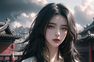 (cowboy shot), dynamic action style, (1woman), (female:1.2), mature face, (mature girl:1.2), evil, (Chinese hanfu with black and gold accents), finely detailed eyes and face, slim figure, (long black straight hair:1.2), (purple eyes:1.1), (focus on character:1.1), ((solo)), detailed face, detailed eyes, Chinese epic style, clear subject, ultra realistic, ultra detailed, OC rendering, blender, high detail, ultra high quality, dark and ominous atmosphere, dark clouds swirling, subtle mist