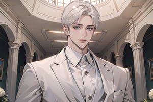 Ydor, 1boy, ((solo focus)), ((white short hair)), (Left side-parting bangs), seductive smile, green eyes, handsome, mature, angular jaw, thick neck, ((White groom suit:1.3)), long sleeve, by Raphael, masterpiece, upper body shot, magnificent indoor hall