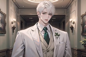 Ydor, 1boy, ((solo focus)), ((white short hair)), (Left side-parting bangs), happy, green eyes, handsome, mature, angular jaw, thick neck, ((white)) ((groom suit:1.3)), long sleeve, by Raphael, masterpiece, upper body shot, magnificent indoor hall