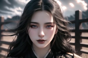 (cowboy shot), dynamic action style, (1woman), (female:1.2), mature face, (mature girl:1.2), evil, (Chinese hanfu with black accents), finely detailed eyes and face, slim figure, (long black straight hair:1.2), (purple eyes:1.1), (focus on character:1.1), ((solo)), detailed face, detailed eyes, Chinese epic style, clear subject, ultra realistic, ultra detailed, OC rendering, blender, high detail, ultra high quality, dark and ominous atmosphere, dark clouds swirling, subtle mist