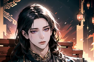 (Absurdres, Intricate Details, Masterpiece, Best Quality, High Resolution, 8k), (1man), (male:1.2), mature face, (mature boy:1.2), finely detailed eyes and face, lean body, (black long straight hair:1.2), (purple eyes), (((Red)) Chinese costume), (focus on character:1.1), solo, full body shot, laying on a lavishly adorned bed, intricate Chinese motifs, detailed background with traditional Chinese architecture, serene expression, ethereal atmosphere, Depth of Field, Chinese style, soft lighting, [ArtStation], [WLOP], [Krenz Cushart]
