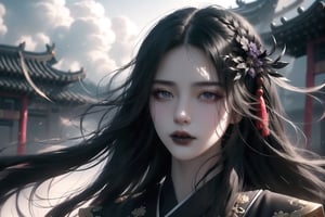 (cowboy shot), dynamic action style, (1woman), (female:1.2), mature face, (mature girl:1.2), evil, (Chinese hanfu with black accents), finely detailed eyes and face, slim figure, (long black straight hair:1.2), (purple eyes:1.1), (focus on character:1.1), ((solo)), detailed face, detailed eyes, Chinese epic style, clear subject, ultra realistic, ultra detailed, OC rendering, blender, high detail, ultra high quality, dark and ominous atmosphere, dark clouds swirling, subtle mist