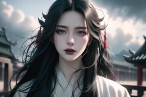 (cowboy shot), dynamic action style, (1woman), (female:1.2), mature face, (mature girl:1.2), evil, (Chinese hanfu with black accents), finely detailed eyes and face, slim figure, (long black straight hair:1.2), (purple eyes:1.1), (focus on character:1.1), ((solo)), detailed face, detailed eyes, Chinese epic style, clear subject, ultra realistic, ultra detailed, OC rendering, blender, high detail, ultra high quality, dark and ominous atmosphere, dark clouds swirling, subtle mist