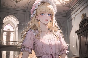 1 little girl, solo, ((Blonde hair)), (blunt bangs), wavy long hair, blue eyes, ((small chest:1.3)), seductive smile, Bonnet, wearing a ((pink Romanticism dress)), short sleeve, by Raphael, masterpiece, upper body shot, magnificent indoor hall
