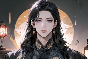 (Absurdres, Intricate Details, Masterpiece, Best Quality, High Resolution, 8k), (1man), (male:1.2), mature face, (mature boy:1.2), smirk, finely detailed eyes and face, lean body, (black long straight hair:1.2), (purple eyes), (Chinese costume), (focus on character:1.1), solo, full body shot, laying on a lavishly adorned bed, intricate Chinese motifs, detailed background with traditional Chinese architecture, serene expression, ethereal atmosphere, Depth of Field, Chinese style, soft lighting, [ArtStation], [WLOP], [Krenz Cushart]
