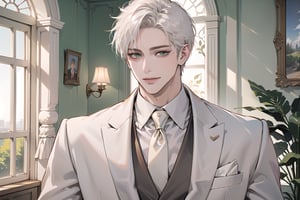 Ydor, 1boy, ((solo focus)), ((white short hair)), (Left side-parting bangs), seductive smile, green eyes, handsome, mature, angular jaw, thick neck, ((White groom suit:1.3)), long sleeve, by Raphael, masterpiece, upper body shot, magnificent indoor hall