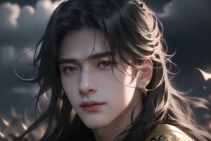 (cowboy shot), dynamic action style, (1man), (male:1.2), mature face, (mature boy:1.2), sinister smirk, (Chinese hanfu with black and gold accents), finely detailed eyes and face, (long black straight hair:1.2), (purple eyes:1.1), (focus on character:1.1), ((solo)), detailed face, detailed eyes, Chinese epic style, clear subject, ultra realistic, ultra detailed, OC rendering, blender, high detail, ultra high quality, dark and ominous atmosphere, dark clouds swirling, subtle mist