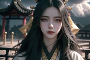 (cowboy shot), dynamic action style, (1woman), (female:1.2), mature face, (mature girl:1.2), sinister smirk, (Chinese hanfu with black and gold accents), finely detailed eyes and face, slim figure, (long black straight hair:1.2), (purple eyes:1.1), (focus on character:1.1), ((solo)), detailed face, detailed eyes, Chinese epic style, clear subject, ultra realistic, ultra detailed, OC rendering, blender, high detail, ultra high quality, dark and ominous atmosphere, dark clouds swirling, subtle mist