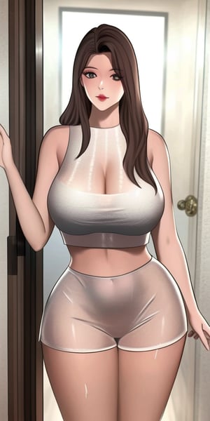 A stunning ARichLadyManhwaStyle illustration of a mature female, standing in front of an open door, welcoming the viewer home. She exudes confidence and seduction, with sparkling brown eyes that seem to pierce through the camera lens. Her brown hair is styled in loose waves, framing her full lips and curvy figure. She wears a tight see-through black fishnet crop top, showcasing her hourglass physique and large soft breasts. The lighting highlights the glistening skin and creates a subtle sheen on her latex pants. A seductive smirk plays on her lips, inviting the viewer to enter. Her make-up is flawless, with bold eyebrows and luscious lashes framing those breathtaking brown eyes. As she opens the door, her bare shoulders and black gloves add an air of mystery and allure. The overall composition is a masterful blend of beauty, sensuality, and artistry, capturing the essence of LeeHaJoo's style.,skin tight romper,b0dysu1t