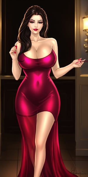 A stunning image of a mature female, fighting_stance, She exudes confidence and seduction. She wears a tight see-through minidress, showcasing her hourglass physique and large soft breasts, absolute cleavage, long legs. The lighting highlights the glistening skin and creates a subtle sheen on her minidress. A seductive smirk plays on her lips, inviting the viewer towards her. Her make-up is flawless, with bold eyebrows and luscious lashes framing those breathtaking eyes. The overall composition is a masterful blend of beauty, sensuality, and artistry, capturing the essence of Savita