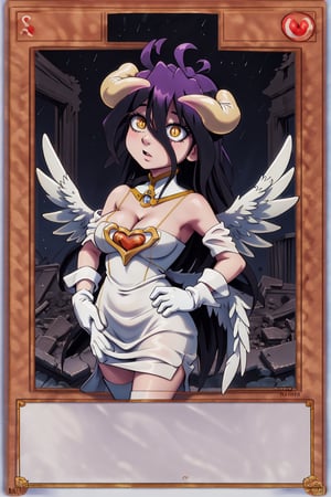 yugioh_card, masterpiece, best quality, highres, al1, demon horns, slit pupils, white gloves, white dress, bare shoulders, detached collar, cleavage, black wings, feathered wings, low wings, cowboy shot, field, ruins, night, standing, hand on hip, black hair,albedo