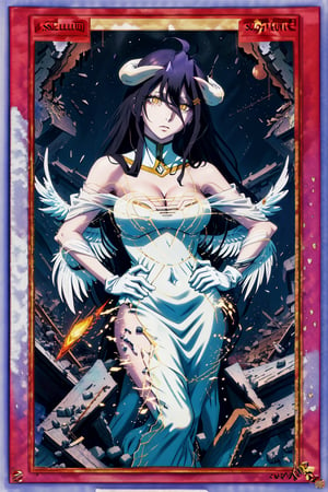 yugioh_card, masterpiece, best quality, highres, al1, demon horns, slit pupils, white gloves, white dress, bare shoulders, detached collar, cleavage, black wings, feathered wings, low wings, cowboy shot, field, ruins, night, standing, hand on hip, black hair,albedo