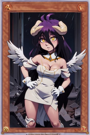 yugioh_card, masterpiece, best quality, highres, al1, demon horns, slit pupils, white gloves, white dress, bare shoulders, detached collar, cleavage, black wings, feathered wings, low wings, cowboy shot, field, ruins, night, standing, hand on hip, black hair,albedo