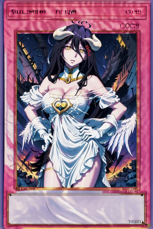 yugioh_card, masterpiece, best quality, highres, al1, demon horns, slit pupils, white gloves, white dress, bare shoulders, detached collar, cleavage, black wings, feathered wings, low wings, cowboy shot, field, ruins, night, standing, hand on hip, black hair,albedo