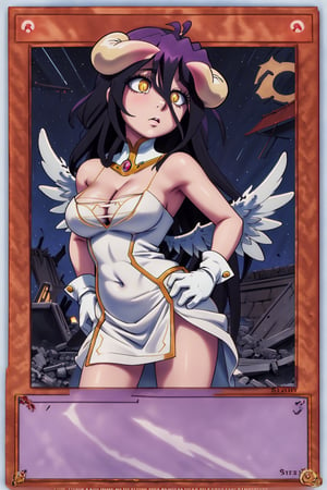 yugioh_card, masterpiece, best quality, highres, al1, demon horns, slit pupils, white gloves, white dress, bare shoulders, detached collar, cleavage, black wings, feathered wings, low wings, cowboy shot, field, ruins, night, standing, hand on hip, black hair,albedo