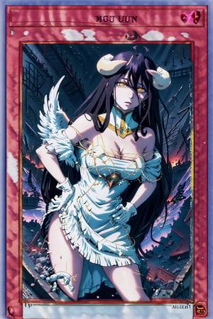 yugioh_card, masterpiece, best quality, highres, al1, demon horns, slit pupils, white gloves, white dress, bare shoulders, detached collar, cleavage, black wings, feathered wings, low wings, cowboy shot, field, ruins, night, standing, hand on hip, black hair,albedo