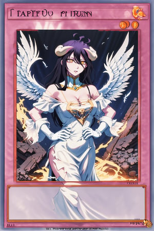 yugioh_card, masterpiece, best quality, highres, al1, demon horns, slit pupils, white gloves, white dress, bare shoulders, detached collar, cleavage, black wings, feathered wings, low wings, cowboy shot, field, ruins, night, standing, hand on hip, black hair,albedo