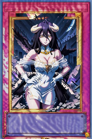 yugioh_card, masterpiece, best quality, highres, al1, demon horns, slit pupils, white gloves, white dress, bare shoulders, detached collar, cleavage, black wings, feathered wings, low wings, cowboy shot, field, ruins, night, standing, hand on hip, black hair,albedo