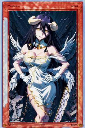 yugioh_card, masterpiece, best quality, highres, al1, demon horns, slit pupils, white gloves, white dress, bare shoulders, detached collar, cleavage, black wings, feathered wings, low wings, cowboy shot, field, ruins, night, standing, hand on hip, black hair,albedo