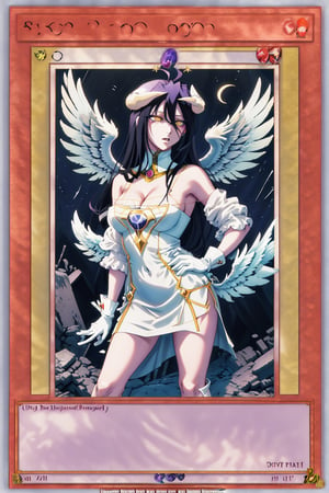 yugioh_card, masterpiece, best quality, highres, al1, demon horns, slit pupils, white gloves, white dress, bare shoulders, detached collar, cleavage, black wings, feathered wings, low wings, cowboy shot, field, ruins, night, standing, hand on hip, black hair,albedo