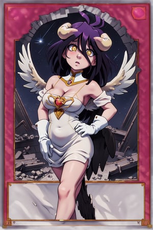 yugioh_card, masterpiece, best quality, highres, al1, demon horns, slit pupils, white gloves, white dress, bare shoulders, detached collar, cleavage, black wings, feathered wings, low wings, cowboy shot, field, ruins, night, standing, hand on hip, black hair,albedo