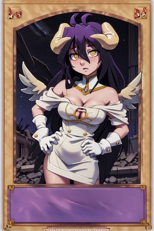 yugioh_card, masterpiece, best quality, highres, al1, demon horns, slit pupils, white gloves, white dress, bare shoulders, detached collar, cleavage, black wings, feathered wings, low wings, cowboy shot, field, ruins, night, standing, hand on hip, black hair,albedo