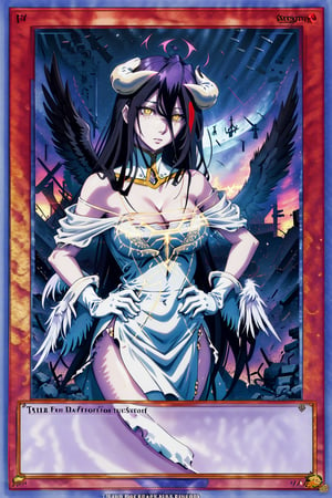 yugioh_card, masterpiece, best quality, highres, al1, demon horns, slit pupils, white gloves, white dress, bare shoulders, detached collar, cleavage, black wings, feathered wings, low wings, cowboy shot, field, ruins, night, standing, hand on hip, black hair,albedo