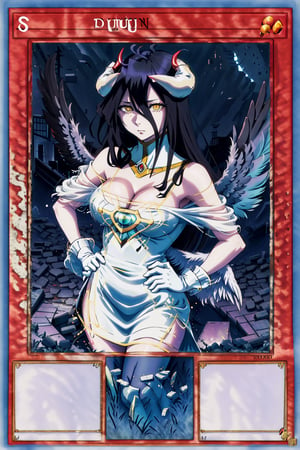 yugioh_card, masterpiece, best quality, highres, al1, demon horns, slit pupils, white gloves, white dress, bare shoulders, detached collar, cleavage, black wings, feathered wings, low wings, cowboy shot, field, ruins, night, standing, hand on hip, black hair,albedo