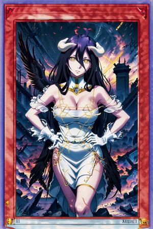 yugioh_card, masterpiece, best quality, highres, al1, demon horns, slit pupils, white gloves, white dress, bare shoulders, detached collar, cleavage, black wings, feathered wings, low wings, cowboy shot, field, ruins, night, standing, hand on hip, black hair,albedo