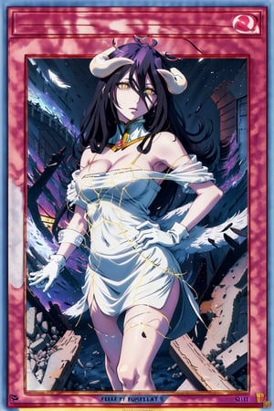 yugioh_card, masterpiece, best quality, highres, al1, demon horns, slit pupils, white gloves, white dress, bare shoulders, detached collar, cleavage, black wings, feathered wings, low wings, cowboy shot, field, ruins, night, standing, hand on hip, black hair,albedo