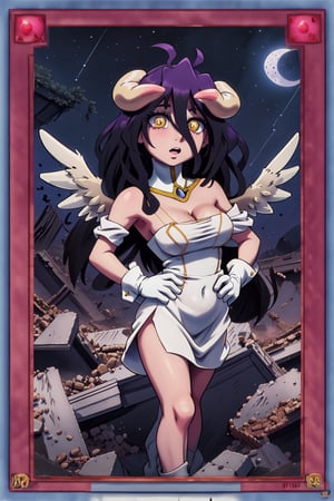 yugioh_card, masterpiece, best quality, highres, al1, demon horns, slit pupils, white gloves, white dress, bare shoulders, detached collar, cleavage, black wings, feathered wings, low wings, cowboy shot, field, ruins, night, standing, hand on hip, black hair,albedo