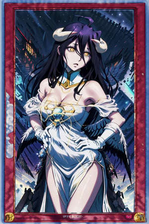 yugioh_card, masterpiece, best quality, highres, al1, demon horns, slit pupils, white gloves, white dress, bare shoulders, detached collar, cleavage, black wings, feathered wings, low wings, cowboy shot, field, ruins, night, standing, hand on hip, black hair,albedo