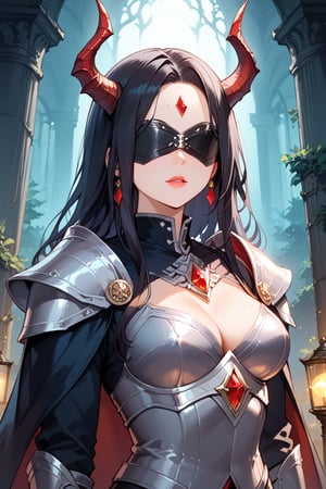 (score_9), (score_8_up), (score_7_up), masterpiece, source_anime, best quality, A dark, ominous landscape with twisted trees and eerie mist sets the stage for a striking depiction of a 'demon girl' - her piercing eyes and sharp features accentuated by perfect anatomy. She dons intricate armor, complete with demon horns protruding from her forehead, as she stands confidently with a blindfold over her eyes. The atmosphere is heavy with foreboding, illuminated only by flickering dark lights that dance across the scene, casting an otherworldly glow on Zyrnox-Exoterra Style, 1girl, masterpiece. Black Hair