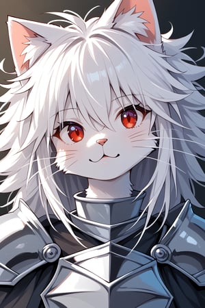 1girl, messy hair, white hair, red eyes, (furry female, cat, whiskers), knight