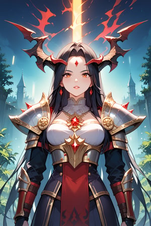 (score_9), (score_8_up), (score_7_up), masterpiece, source_anime, best quality, A dark, ominous landscape with twisted trees and eerie mist sets the stage for a striking depiction of a 'demon girl' - her piercing eyes and sharp features accentuated by perfect anatomy. She dons intricate armor, complete with demon horns protruding from her forehead, as she stands confidently with a blindfold over her eyes. The atmosphere is heavy with foreboding, illuminated only by flickering dark lights that dance across the scene, casting an otherworldly glow on Zyrnox-Exoterra Style, 1girl, masterpiece. Black Hair