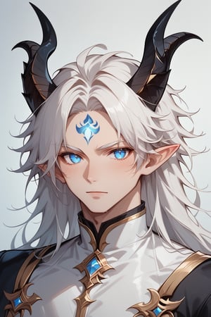 an art drawing of an anime style man with horns on his face, 1boy, male focus, solo, blue eyes, demon boy, (two goat horns, black horns, horns on the side of the head), upper body, flame-shaped forehead marking, no pupils, Drestoria-Style_V1, semi-realism, nose, pointy ears, pale skin, (white hair:1.2), full body view