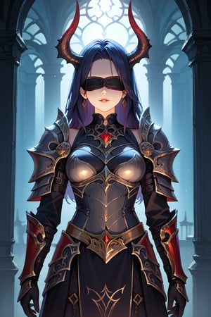 (score_9), (score_8_up), (score_7_up), masterpiece, source_anime, best quality, perfect anatomy, very aesthetic, absurdres, Zyrnox-Exoterra Style, 1girl, demon horns, demon girl, armor, blindfold, dark lighting, dark atmosphere, dark lights, dynamic lighting