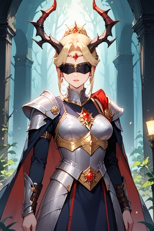 (score_9), (score_8_up), (score_7_up), masterpiece, source_anime, best quality, A dark, ominous landscape with twisted trees and eerie mist sets the stage for a striking depiction of a 'demon girl' - her piercing eyes and sharp features accentuated by perfect anatomy. She dons intricate armor, complete with demon horns protruding from her forehead, as she stands confidently with a blindfold over her eyes. The atmosphere is heavy with foreboding, illuminated only by flickering dark lights that dance across the scene, casting an otherworldly glow on Zyrnox-Exoterra Style, 1girl, masterpiece.