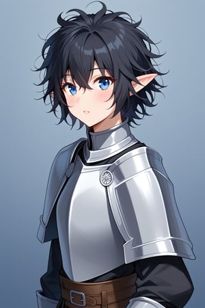 1girl, messy hair, black hair, blue eyes, elf, knight