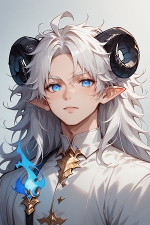 an art drawing of an anime style man with horns on his face, 1boy, male focus, solo, blue eyes, demon boy, (two horns, black horns, horns on the side of the head, sheep-shaped horns:1.3), upper body, blue flame-shaped forehead marking, no pupils, Drestoria-Style_V1, semi-realism, nose, pointy ears, pale skin, (white eyelashes, messy hair, wild hair, long hair, white hair:1.2), full body view