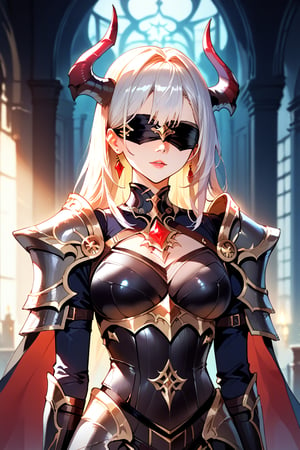 (score_9), (score_8_up), (score_7_up), masterpiece, source_anime, best quality, perfect anatomy, very aesthetic, absurdres, Zyrnox-Exoterra Style, 1girl, demon horns, demon girl, armor, blindfold, dark lighting, dark atmosphere, dark lights, dynamic lighting