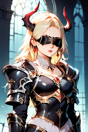 (score_9), (score_8_up), (score_7_up), masterpiece, source_anime, best quality, perfect anatomy, very aesthetic, absurdres, Zyrnox-Exoterra Style, 1girl, demon horns, demon girl, armor, blindfold, dark lighting, dark atmosphere, dark lights, dynamic lighting