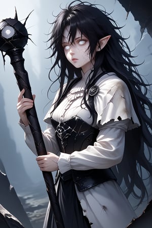 (masterpiece), source_anime, noir, fantasy, gritty, best quality, (1girl, expressive eyes, white eyes, detailed eyes, perfect face, (cracked body), armor, long hair, black hair, messy hair, pale skin, pale skin, pointy ears)), holding a staff, simple staff, Exoterra-Style, Nose, Semi-Realistic