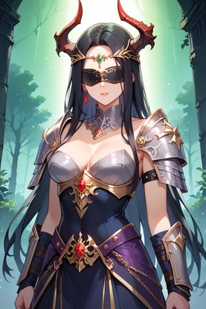 (score_9), (score_8_up), (score_7_up), masterpiece, source_anime, best quality, A dark, ominous landscape with twisted trees and eerie mist sets the stage for a striking depiction of a 'demon girl' - her piercing eyes and sharp features accentuated by perfect anatomy. She dons intricate armor, complete with demon horns protruding from her forehead, as she stands confidently with a blindfold over her eyes. The atmosphere is heavy with foreboding, illuminated only by flickering dark lights that dance across the scene, casting an otherworldly glow on Zyrnox-Exoterra Style, 1girl, masterpiece. Black Hair