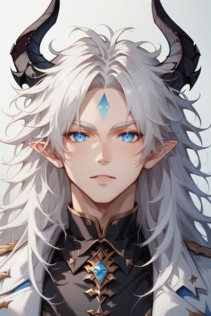 an art drawing of an anime style man with horns on his face, 1boy, male focus, solo, blue eyes, demon boy, (two horns, black horns, horns on the side of the head, ram-shaped horns:1.3), upper body, blue_flame-shaped forehead marking, no pupils, Drestoria-Style_V1, semi-realism, nose, pointy ears, pale skin, (white eyelashes, messy hair, wild hair, long hair, white hair:1.2), full body view