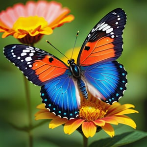 A vibrant image of a colorful butterfly resting delicately on a blooming flower. The scene is framed close-up, capturing the intricate patterns and hues of the butterfly's wings. Soft, natural lighting enhances the vibrant colors of the flower and butterfly. The composition focuses on the interaction between the two, with the butterfly's wings slightly spread, creating a harmonious and lively tableau.